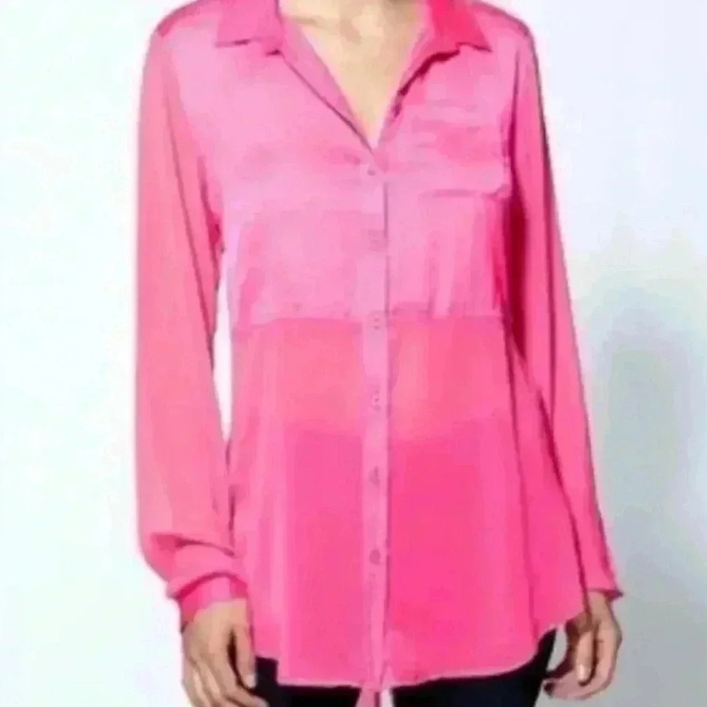 Free People Neon Pink Half Mesh Button Down
